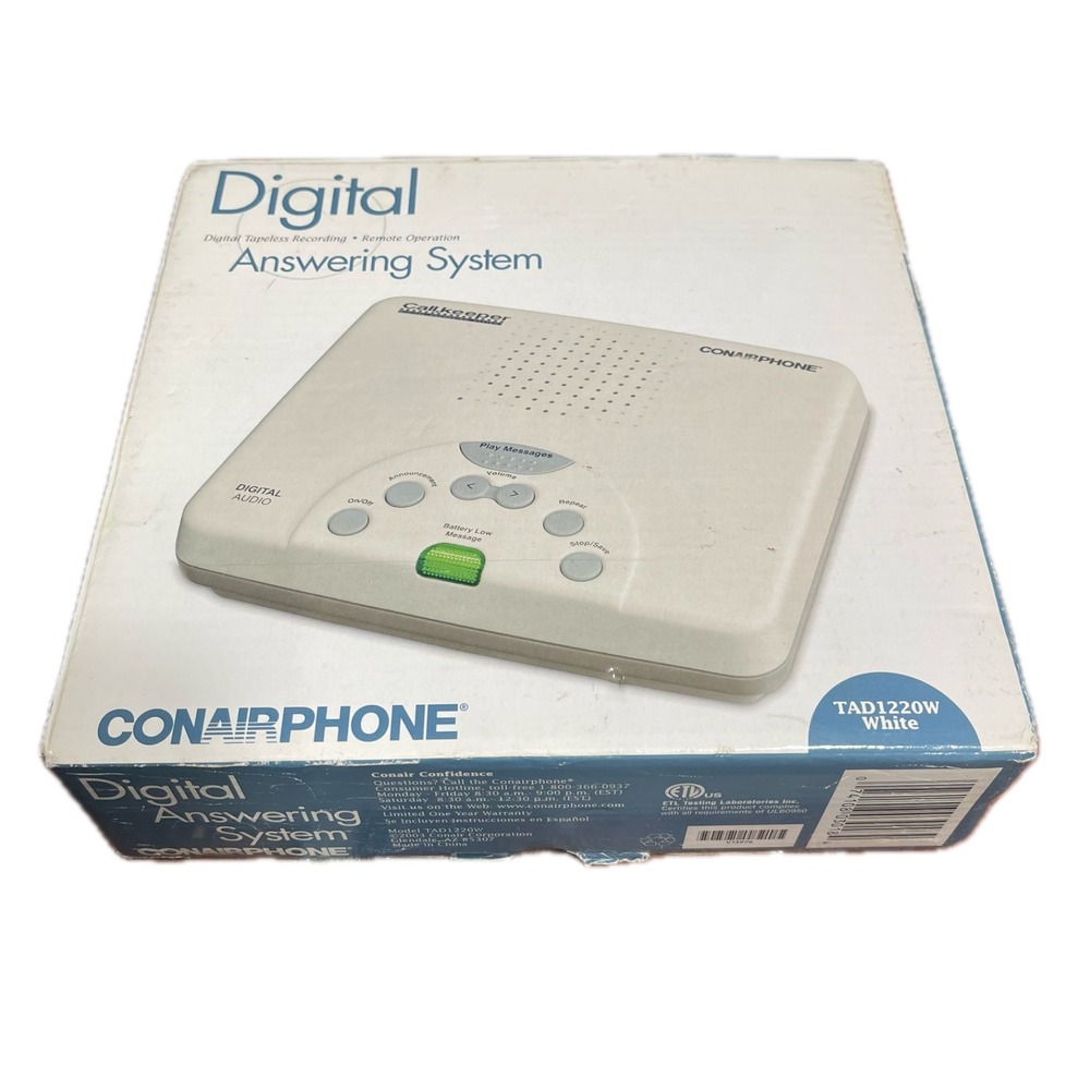 Conairphone Digital Answering Machine TAD1212W White New In Box Power Cord Small